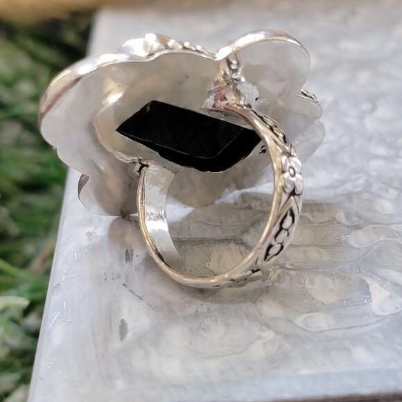Black Stone Statement Ring, Sterling Silver Ring, 1.27 Inch Stone, Size 7.25 - Picture 3 of 9